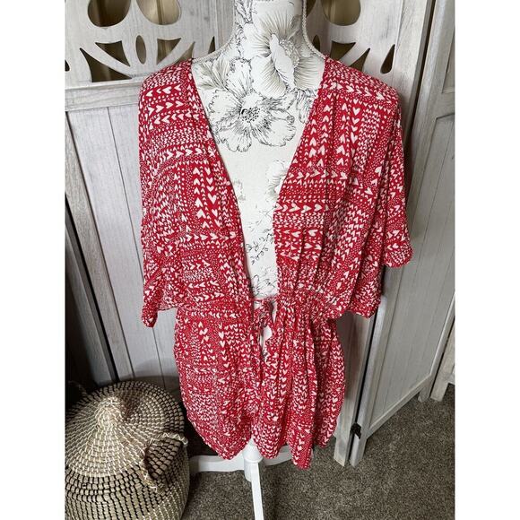 VICTORIA'S SECRET Red White Heart Print Swim Cover Up Kimono Robe One Size - Picture 1 of 7